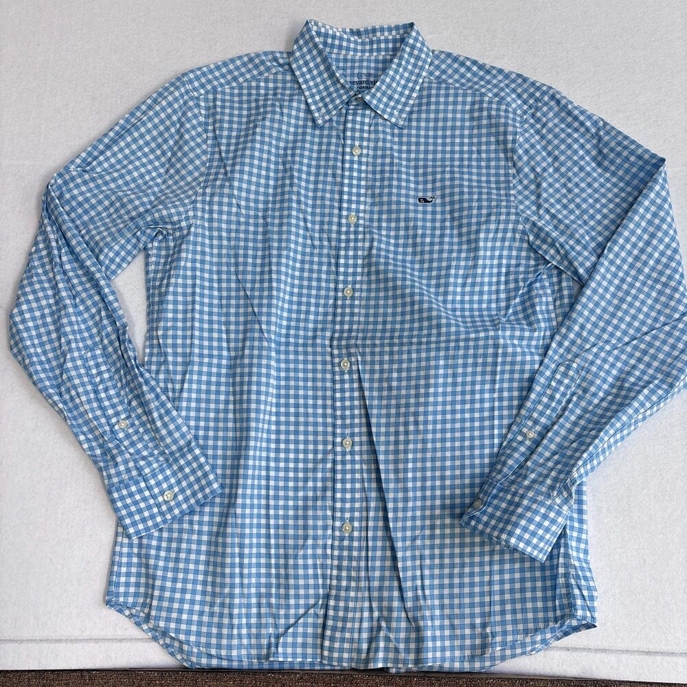 Vineyard Vines Performance Classic Whale Shirt Mens M Blue White Check Preppy